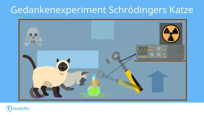 Die Grafik zeigt Schrödingers Katze als Gedankenexperiment der Quantenphysik: Eine Katze befindet sich in einer Box mit einem radioaktiven Präparat, Giftfläschchen und Messgerät, wodurch sie gleichzeitig als lebendig und tot gilt