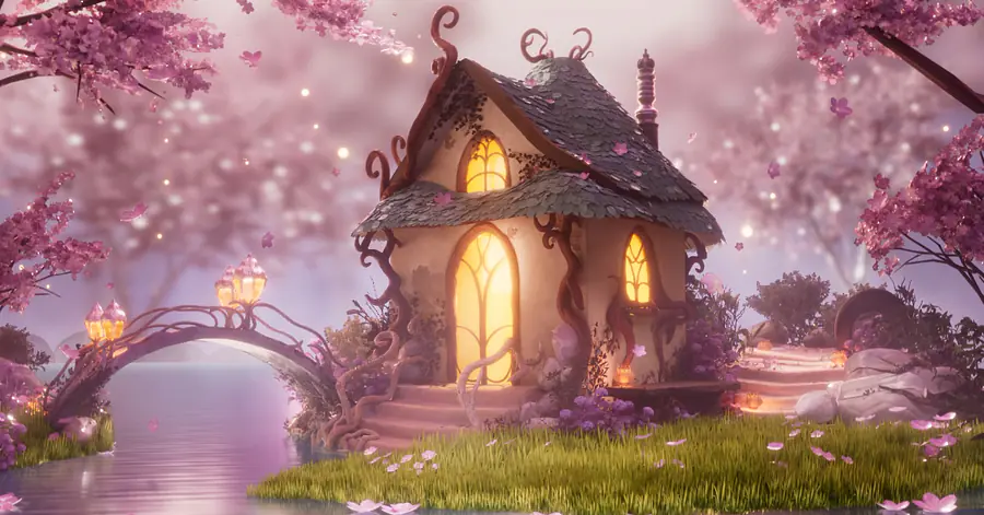 3D Rendering von einem Fantasie-Haus in einer rosanen, magischen Landschaft
