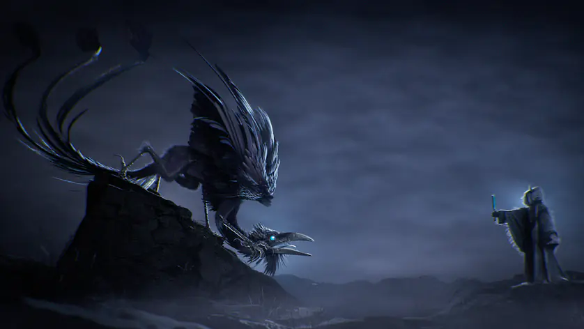 3D Rendering von einer düsteren Krähen-Kreatur und einem Magier in einer finsteren Landschaft