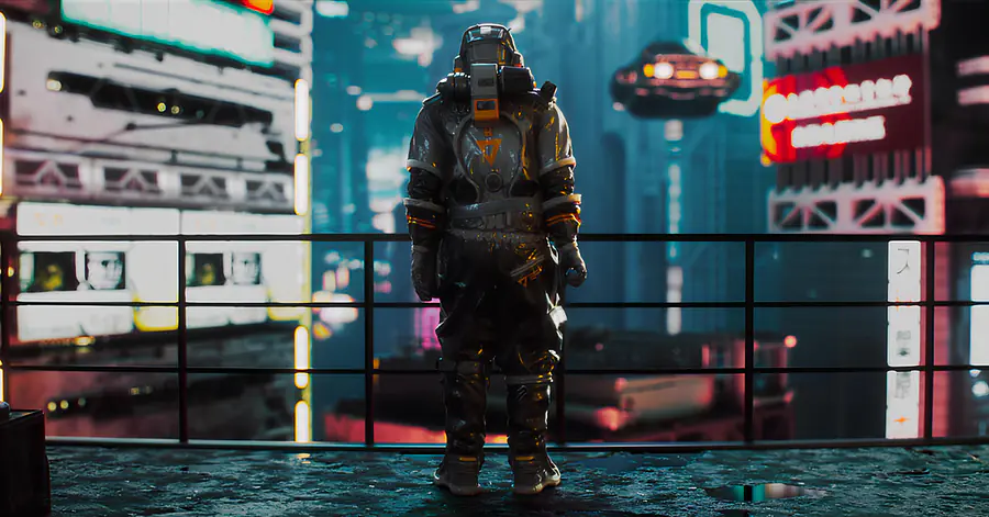 3D Rendering von einem Sci-Fi Charakter in einer futuristischen Stadt