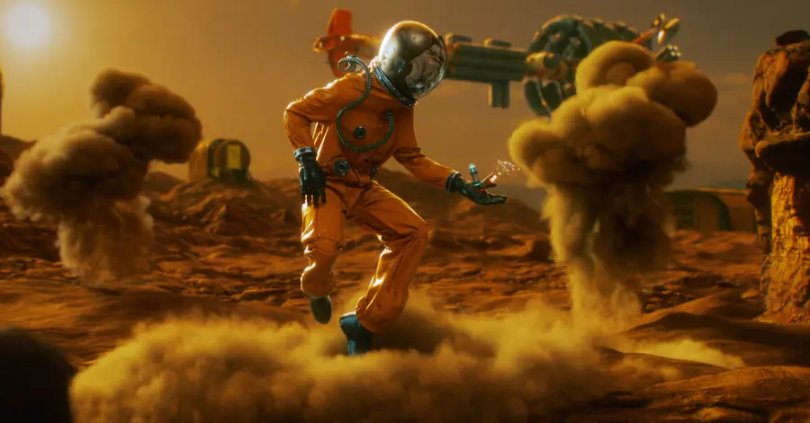 3D Rendering von einem Charakter in einem Seuchenanzug auf einem verseuchten Planeten