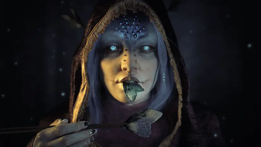 3D Rendering von einer magischen Elfenfrau die einen Schmetterling isst