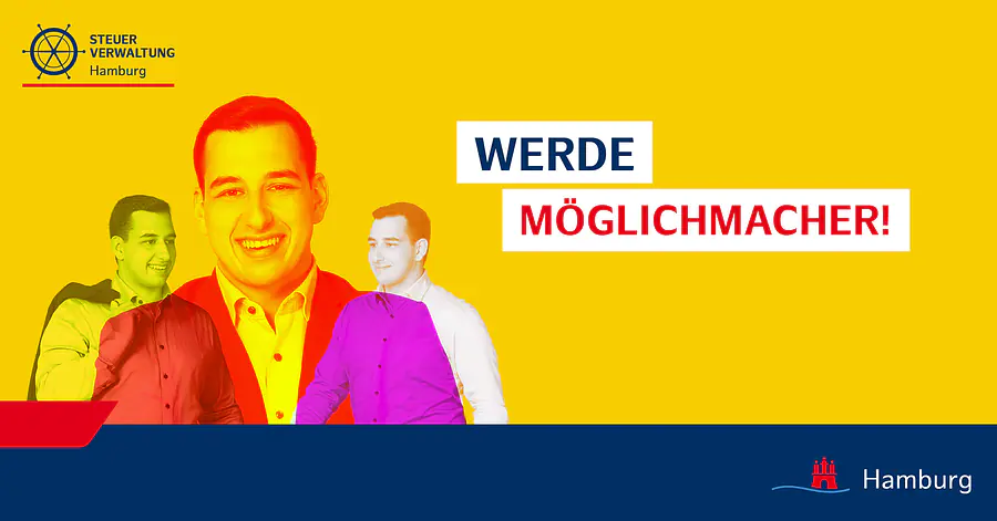 Gelber Hintergrund mit Foto und Ansage "Werde Möglichmacher"