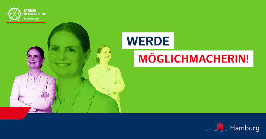 Bild mit Foto von Frau und grünem Hintergrund mit der Aussage "Werde Möglichmacherin"