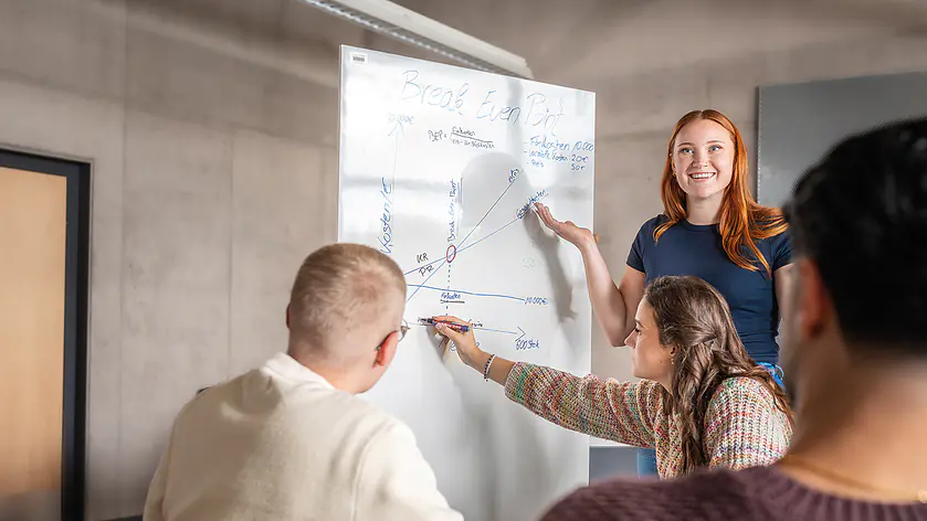 Vier Studierende arbeiten gemeinsam an einem Whiteboard und analysieren ein Break-Even-Point-Diagramm in einem modern gestalteten Seminarraum