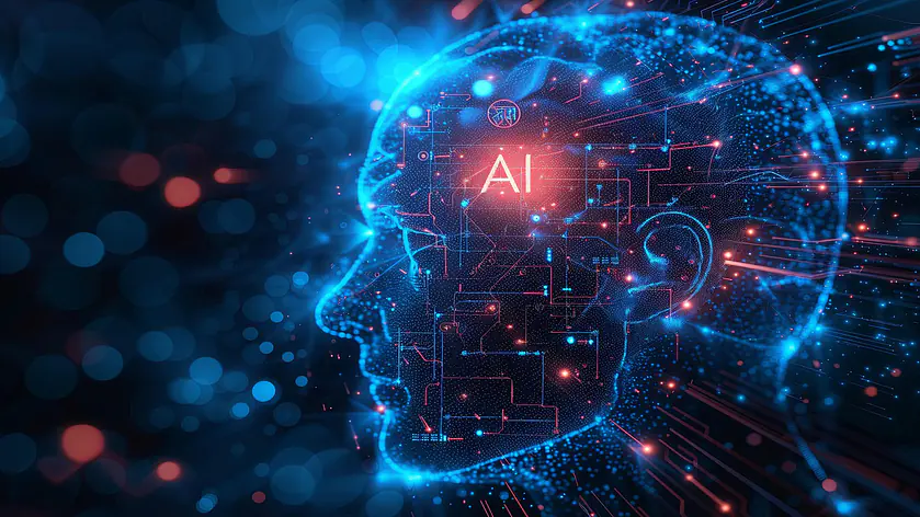 Abstrakte Visualisierung einer künstlichen Intelligenz (AI) in Form eines vernetzten menschlichen Profils vor einem dunklen Hintergrund mit Bokeh-Lichteffekten