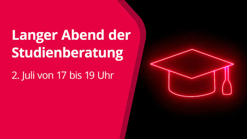 Roter Doktorhut auf schwarzem Grund. Schrift: Langer Abend der Studienberatung